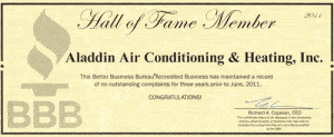 BBB Hall of Fame Member - Aladdin Air Conditioning & Heating Inc.